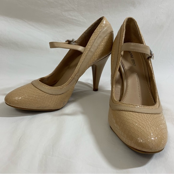 Gianni Bini Shoes - Gianni Bini Leather tan nude beige pump heels buckle strap embossed snakeskin